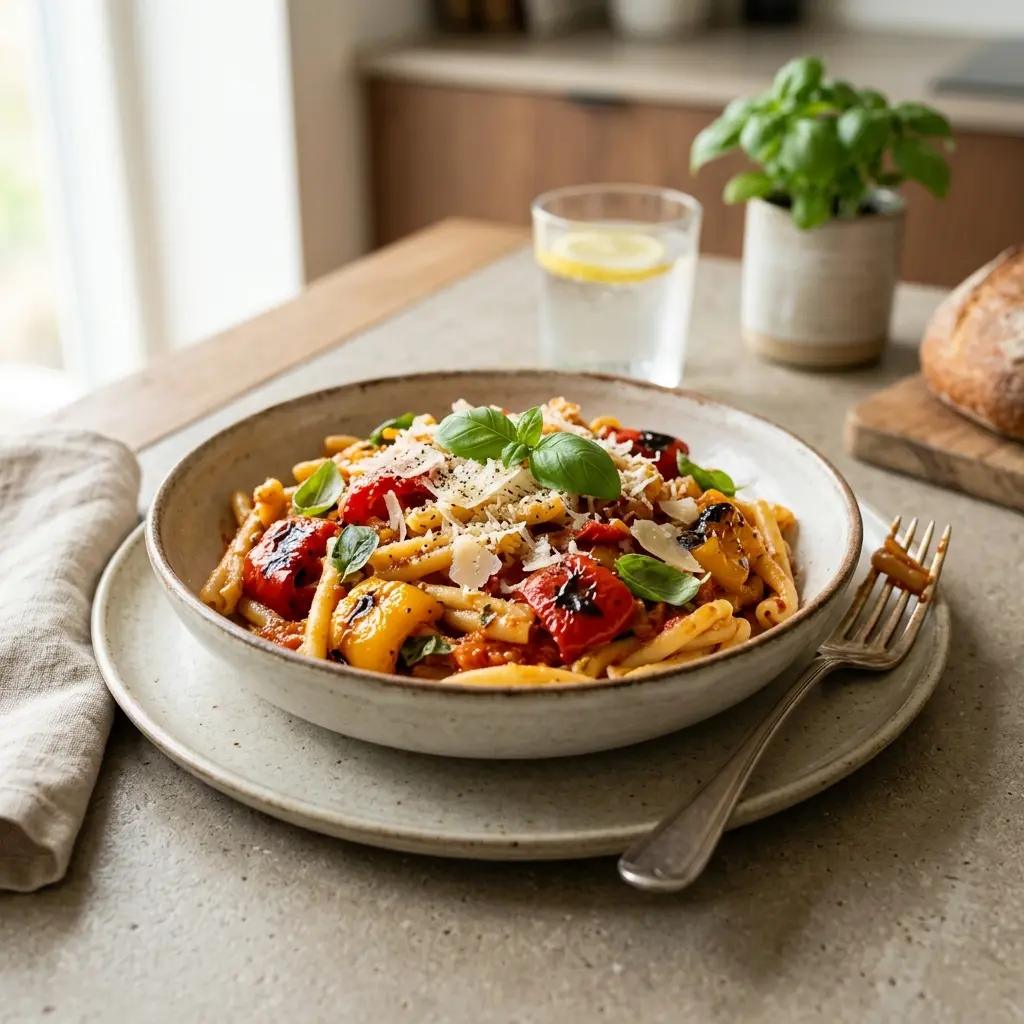 Nylagad pasta med ugnsbakad paprika serverad på ett aptitligt och hemlagat sätt