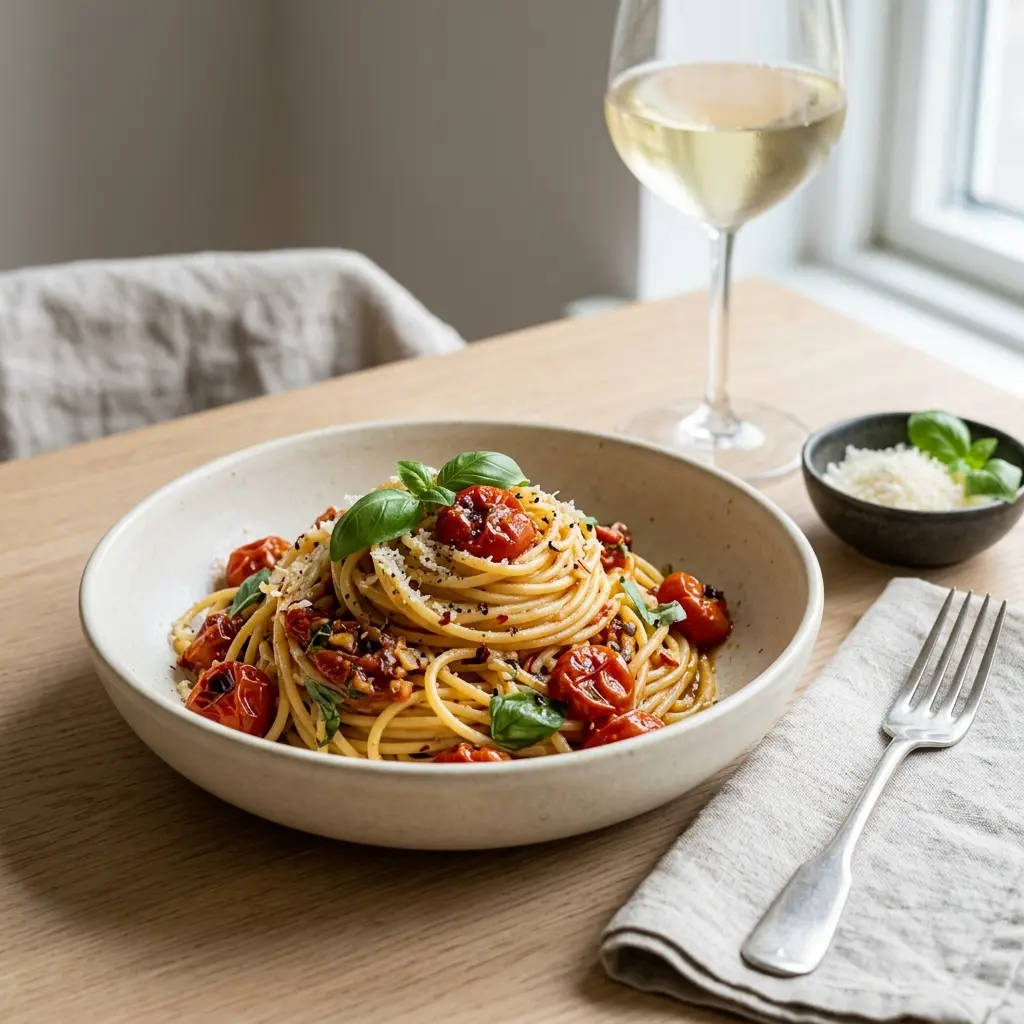 Ett glas pasta med ugnsbakade tomater serverat kallt och fräscht med enkel garnering