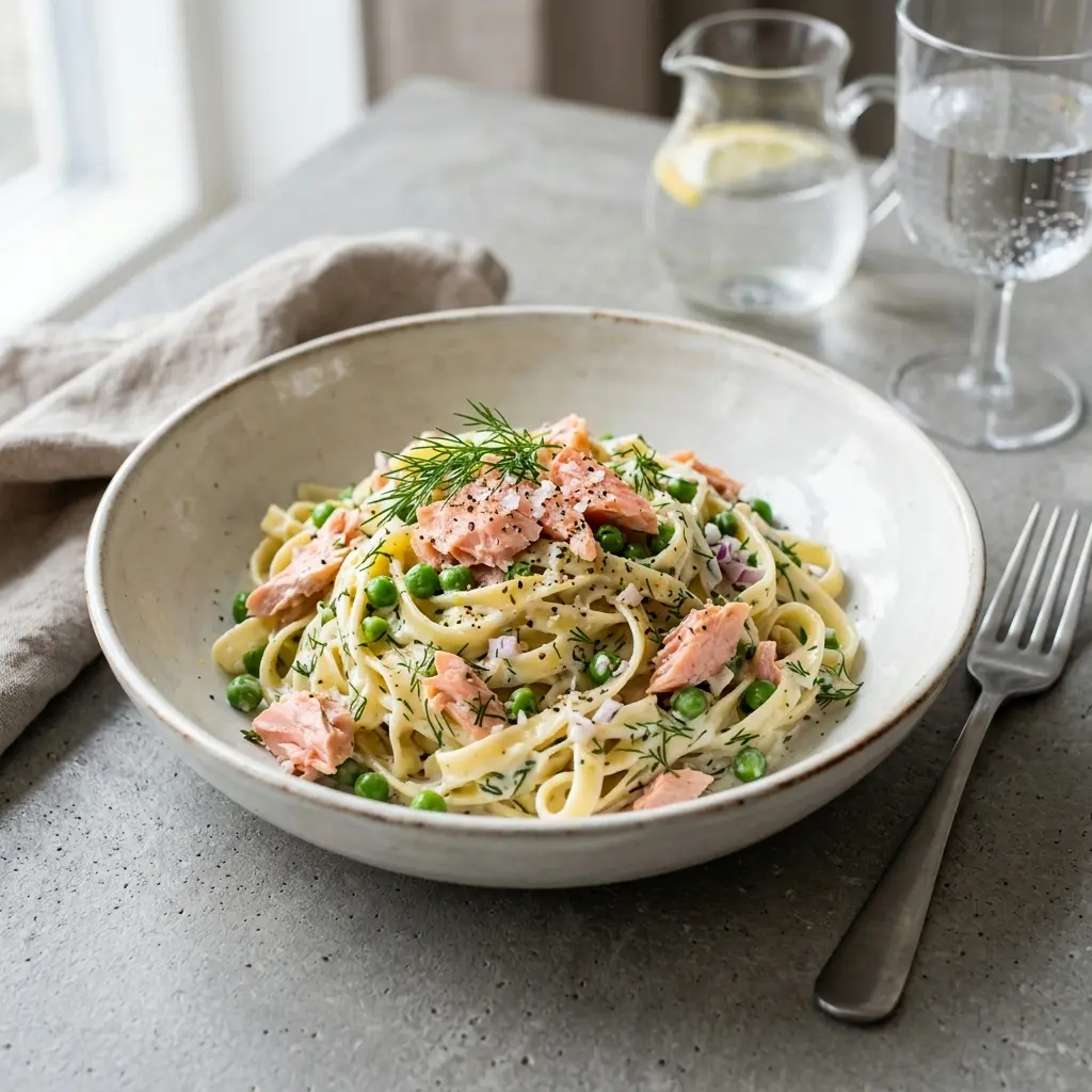 Nylagad pasta med varmrökt lax serverad på ett aptitligt och hemlagat sätt