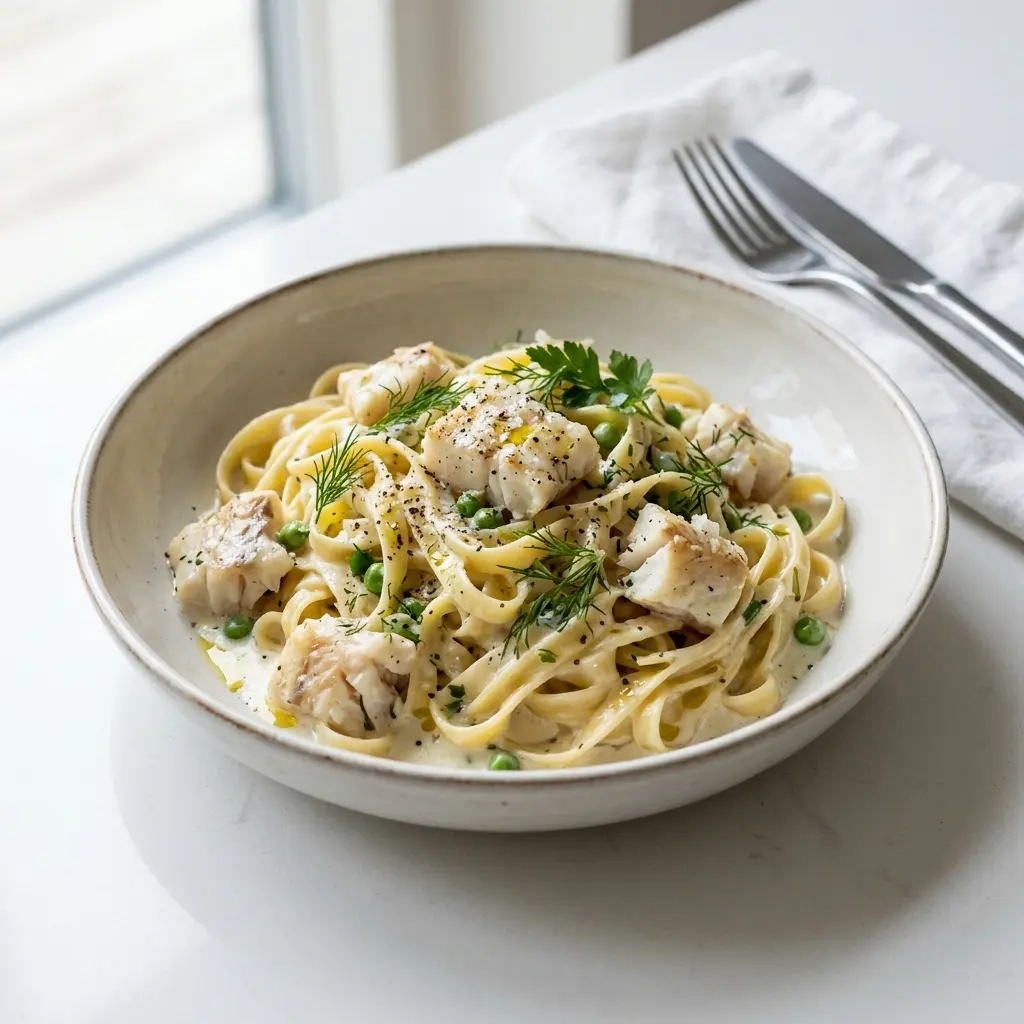 Nylagad pasta med vit fisk och grädde serverad på ett aptitligt och hemlagat sätt