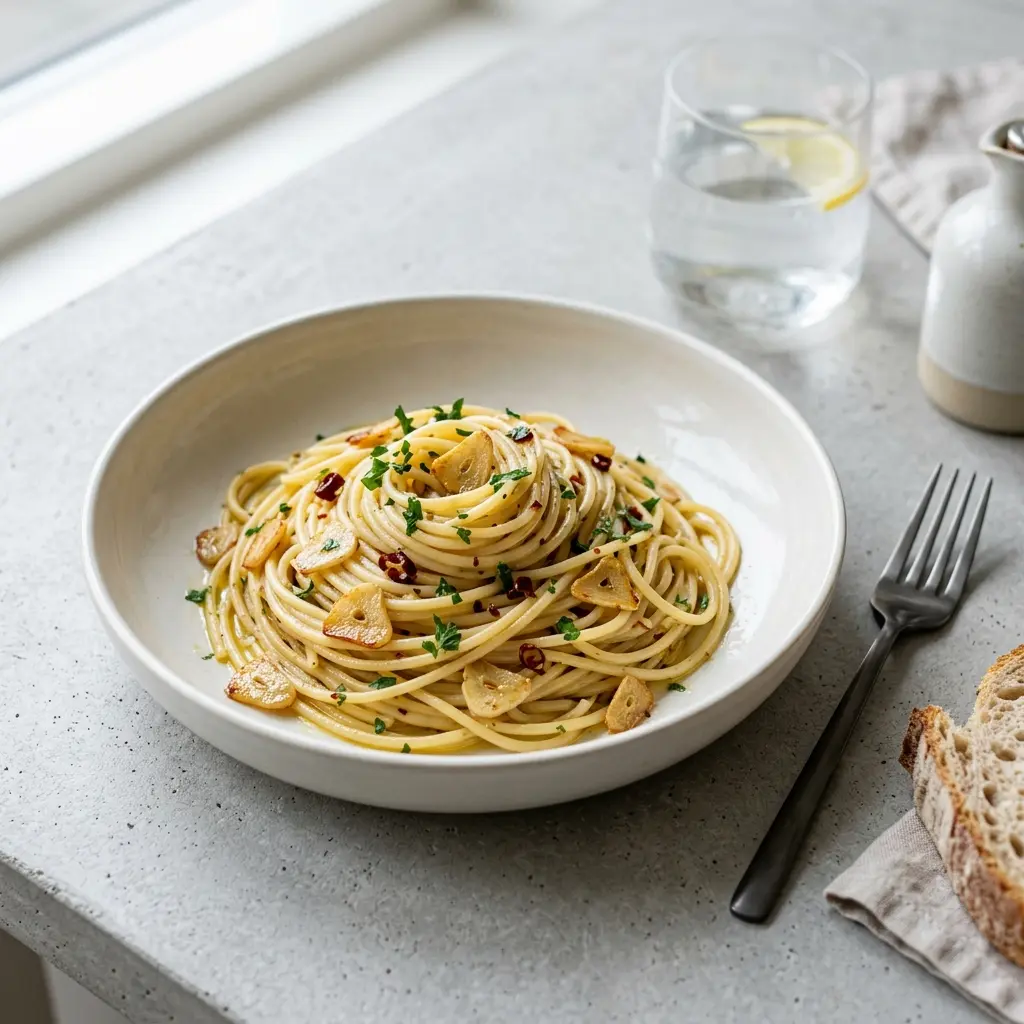 Nylagad pasta med vitlök och olja serverad på ett aptitligt och hemlagat sätt