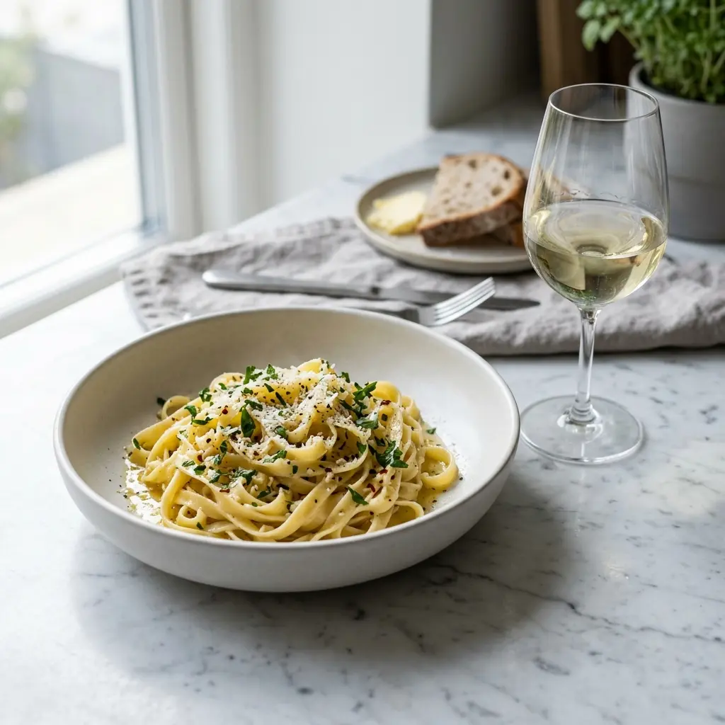 Nylagad pasta med vitlökssmör serverad på ett aptitligt och hemlagat sätt