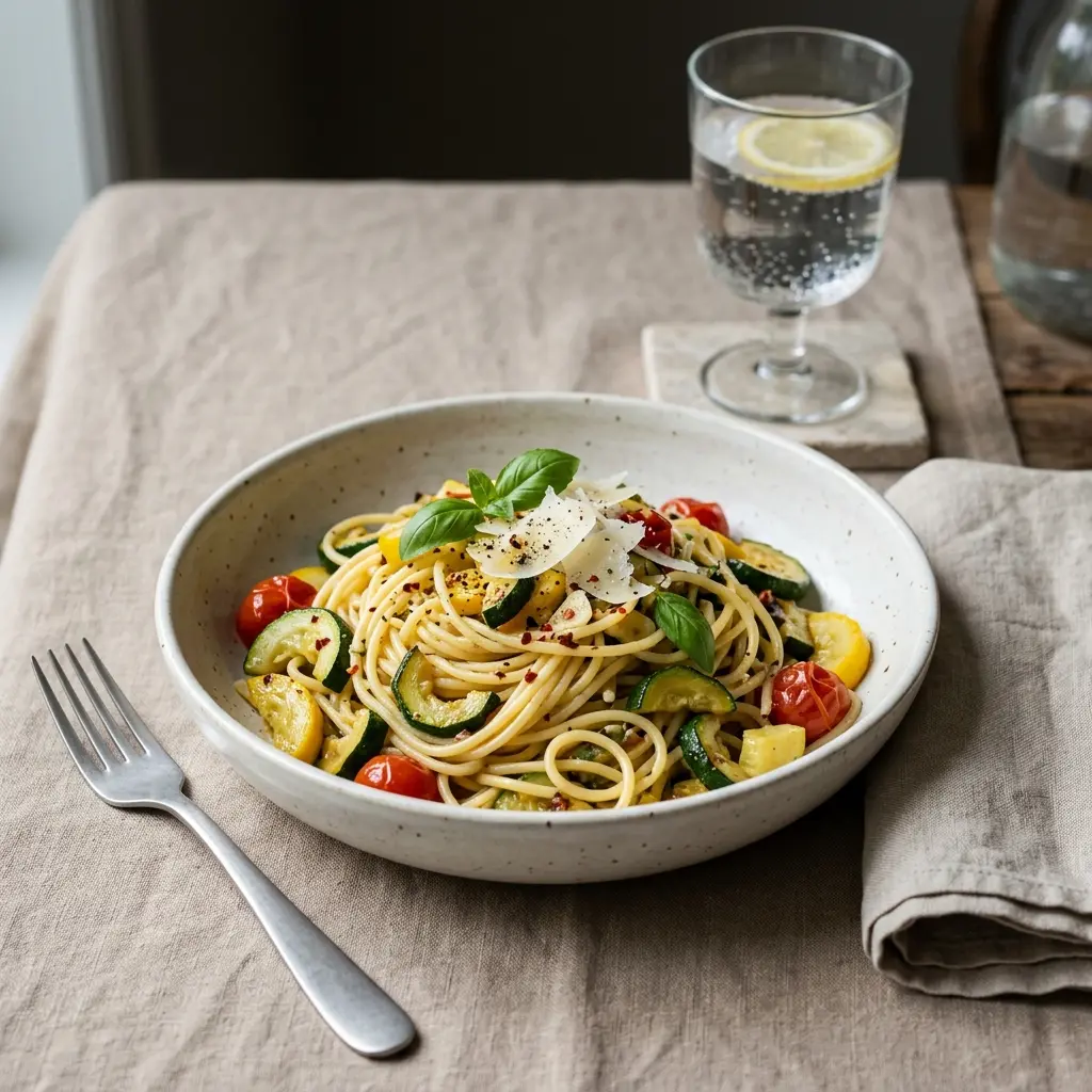 Nylagad pasta med zucchini serverad på ett aptitligt och hemlagat sätt