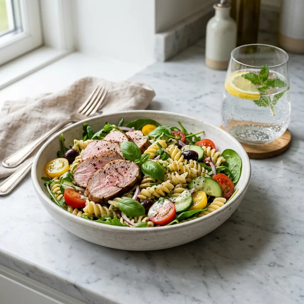 En fräsch portion pastasallad med fläskfilé med färska råvaror och fin servering