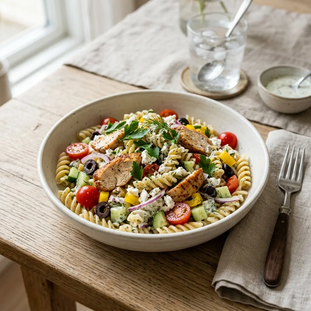 En fräsch portion pastasallad med kalkon med färska råvaror och fin servering