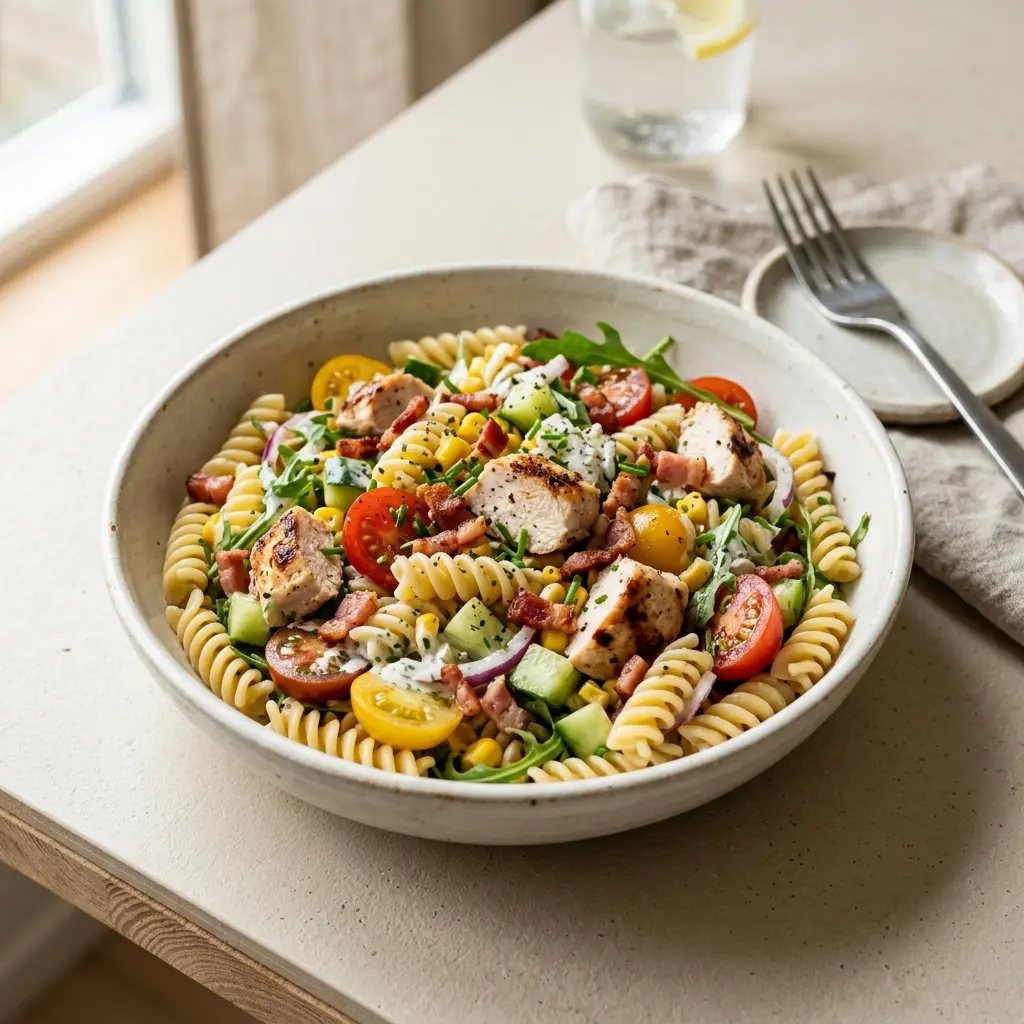 En fräsch portion pastasallad med kyckling och bacon med färska råvaror och fin servering