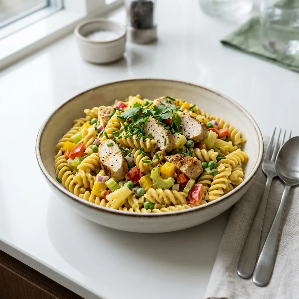 En fräsch portion pastasallad med kyckling och curry med färska råvaror och fin servering