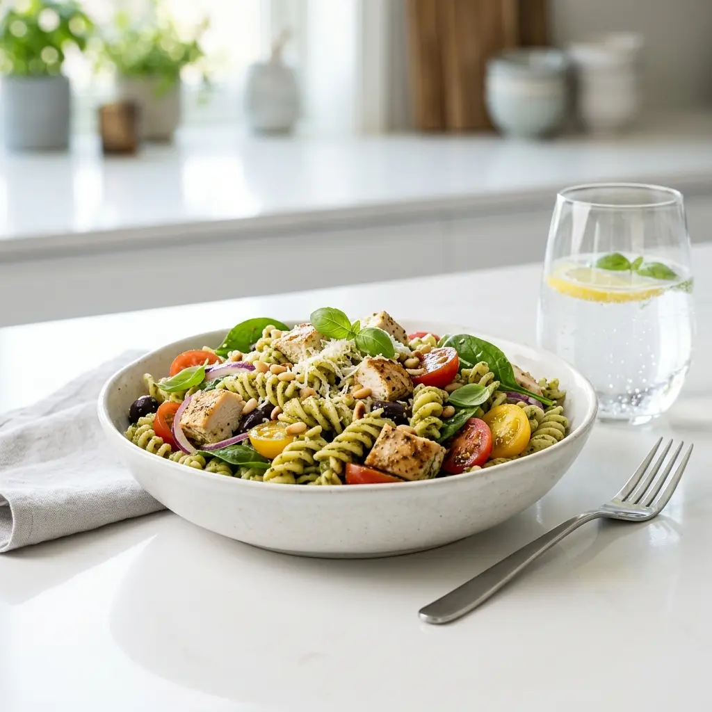 En skål med pastasallad med kyckling och pesto klar att servera som smakrikt tillbehör