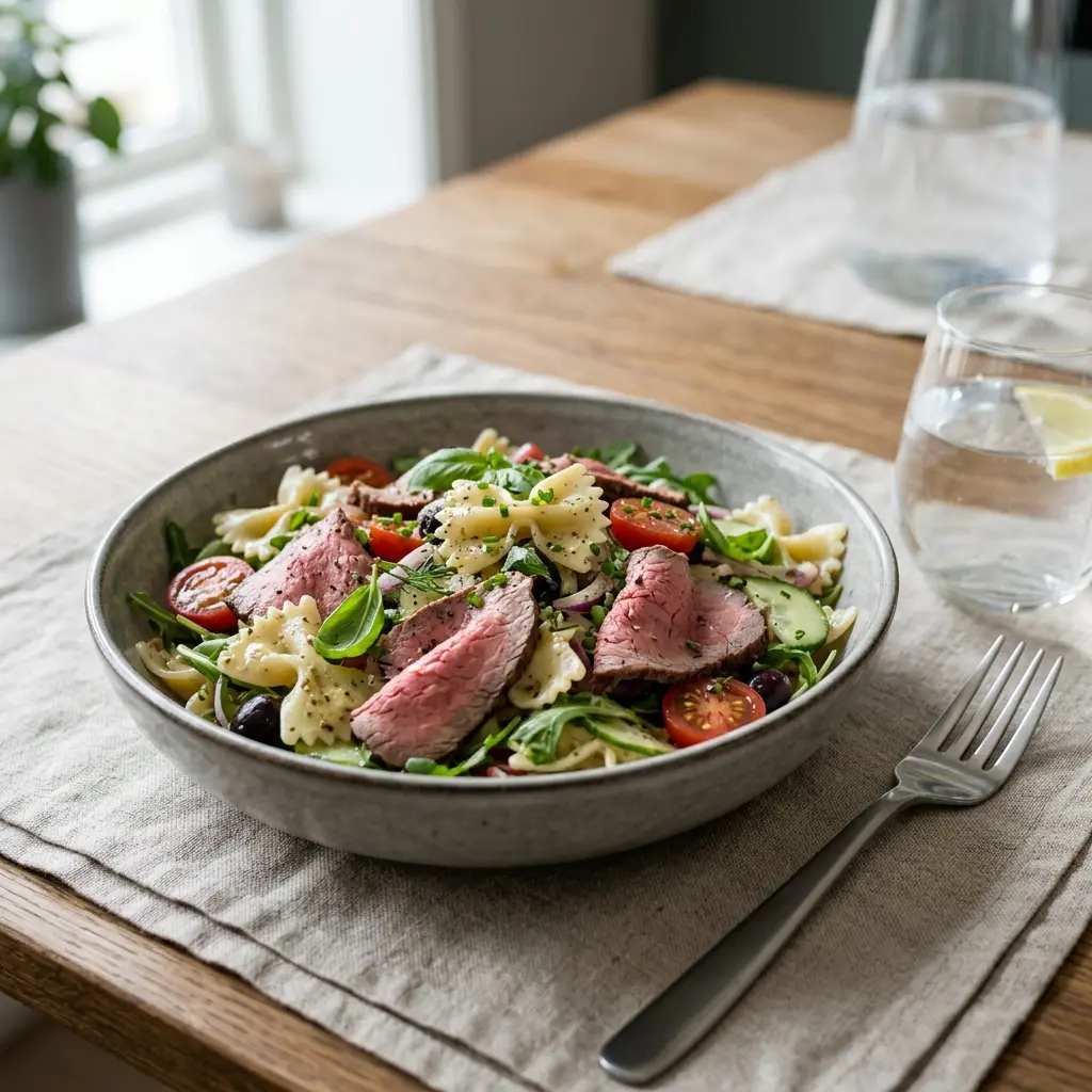 En fräsch portion pastasallad med rostbiff med färska råvaror och fin servering