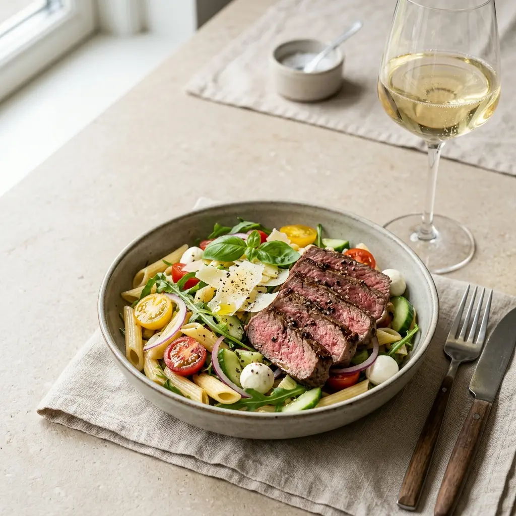 Ett glas pastasallad med steak serverat kallt och fräscht med enkel garnering