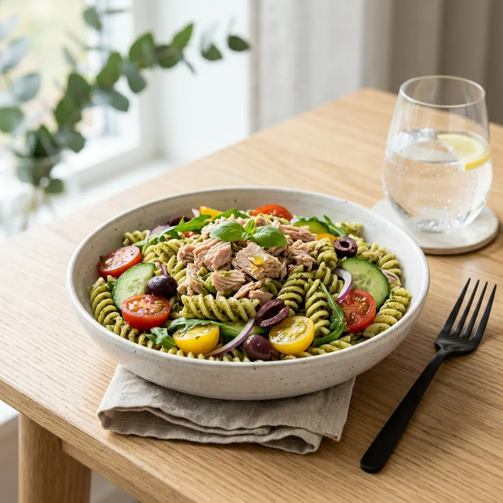 En skål med pastasallad med tonfisk och pesto klar att servera som smakrikt tillbehör
