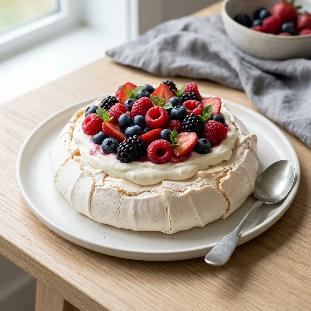 Nylagad pavlova serverad på ett aptitligt och hemlagat sätt