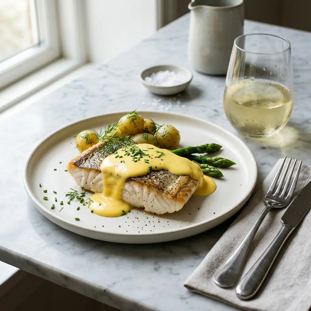 En skål med piggvar med hollandaisesås klar att servera som smakrikt tillbehör