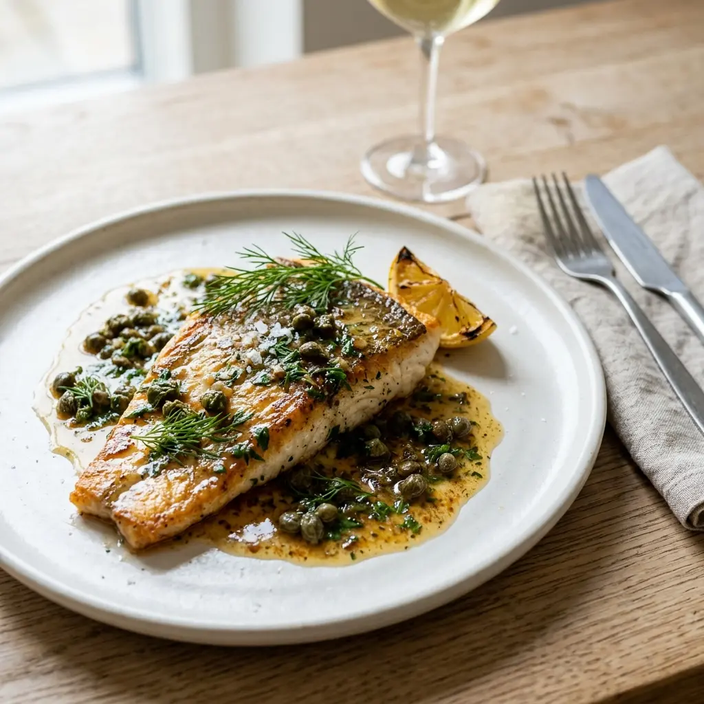 Nylagad piggvar med kaprissmör serverad på ett aptitligt och hemlagat sätt