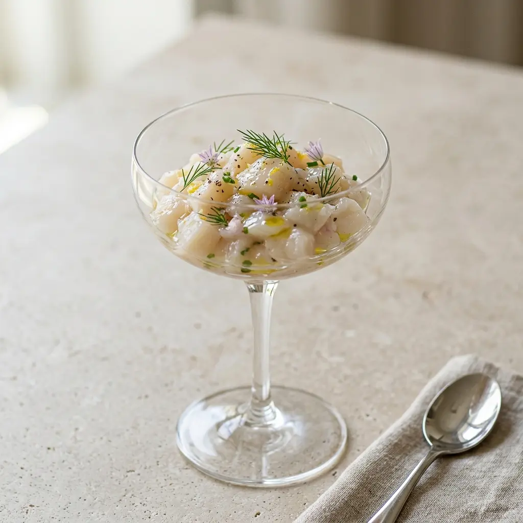 Hemlagad pilgrimsmusseltartar serverad som en söt och inbjudande dessert