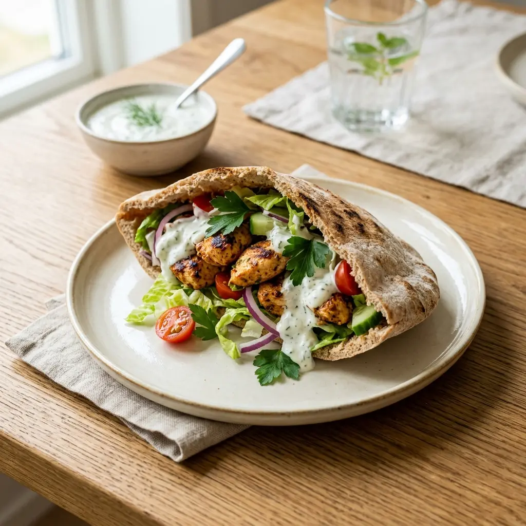 Nybakad pitabröd med kyckling serverad och klar att njuta av