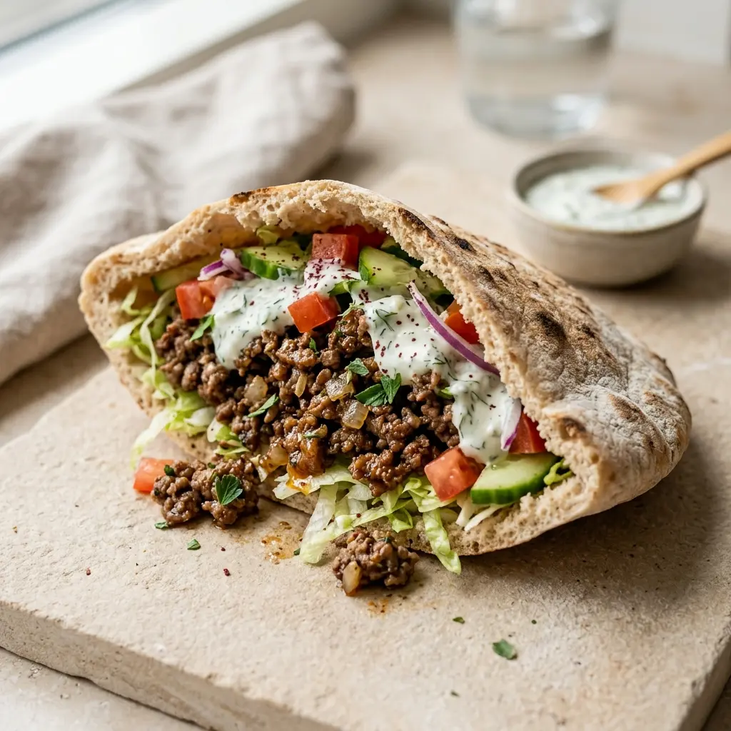Nybakad pitabröd med nötkött serverad och klar att njuta av