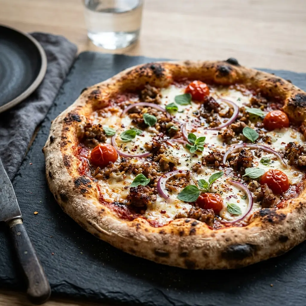 Nylagad pizza med fläskfärs serverad på ett aptitligt och hemlagat sätt