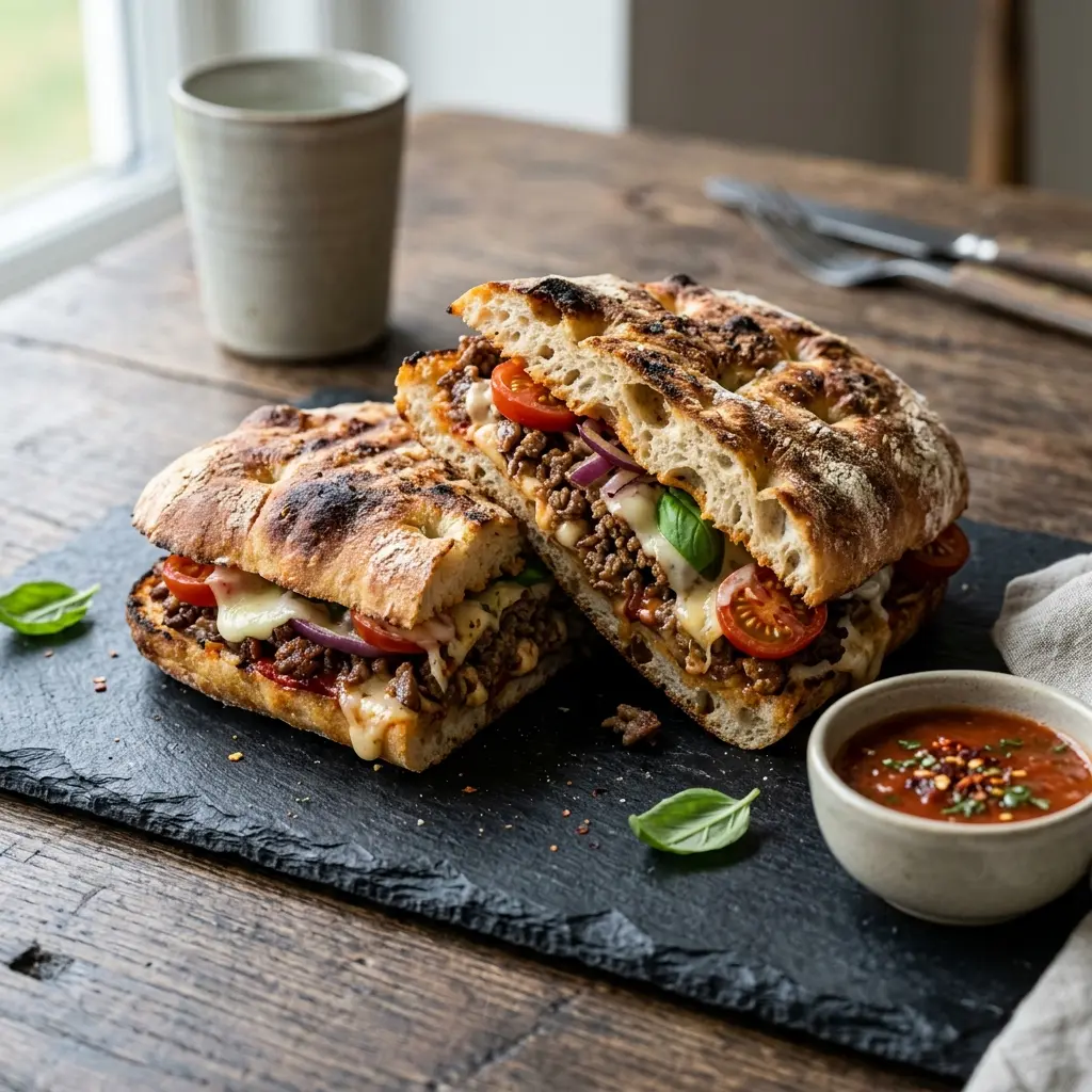 Nylagad pizzasandwich med nötkött serverad på ett aptitligt och hemlagat sätt