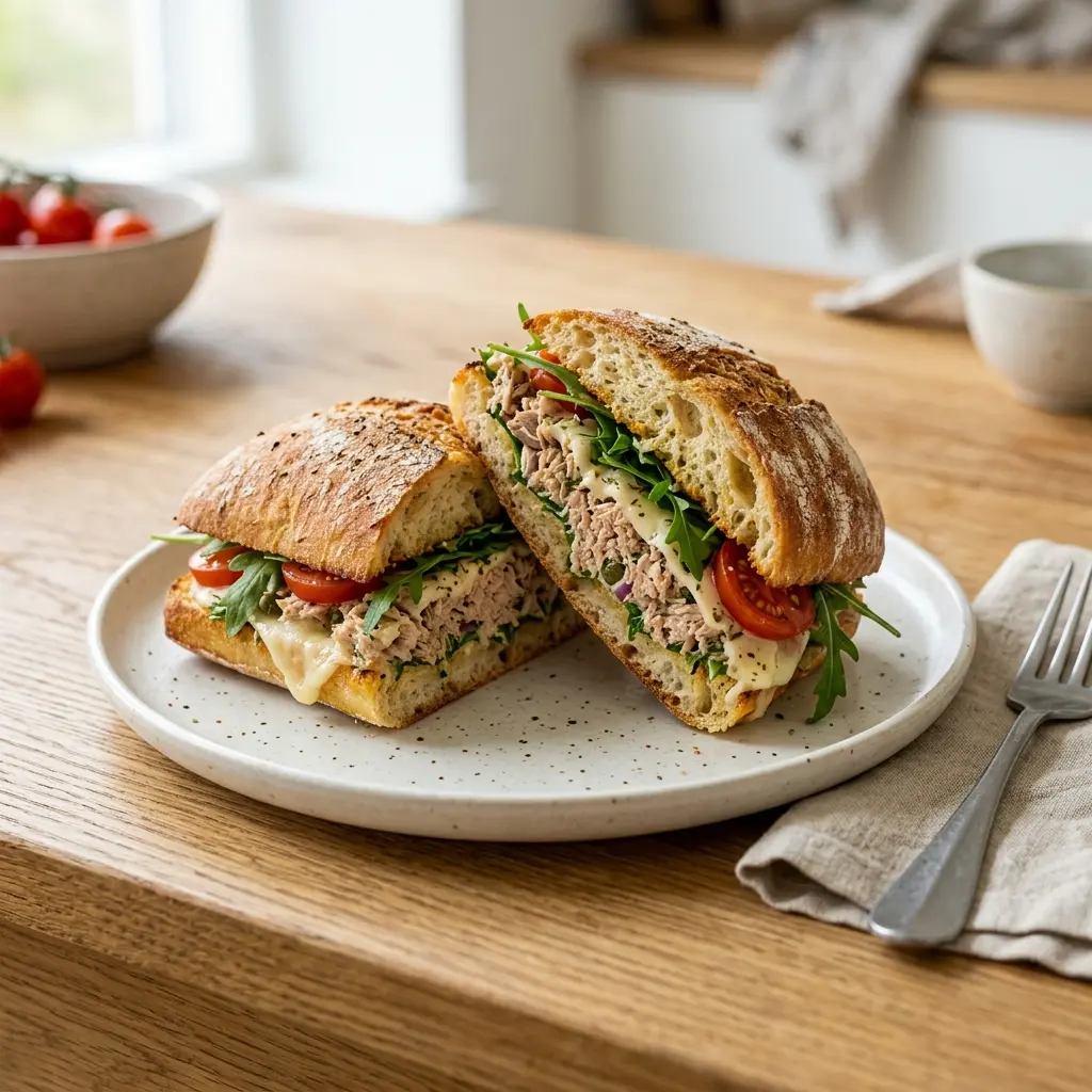 Nylagad pizzasandwich med tonfisk serverad på ett aptitligt och hemlagat sätt