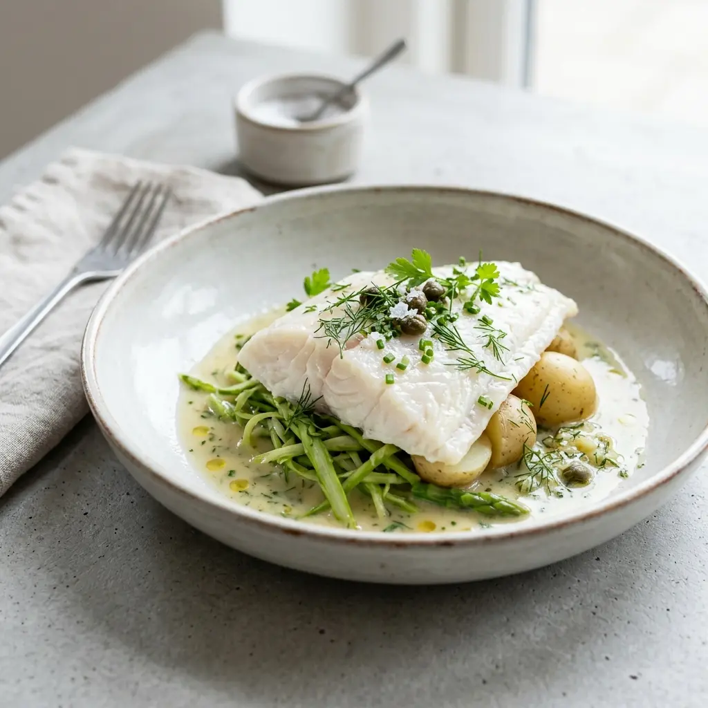 Nylagad pocherad rödspätta serverad på ett aptitligt och hemlagat sätt