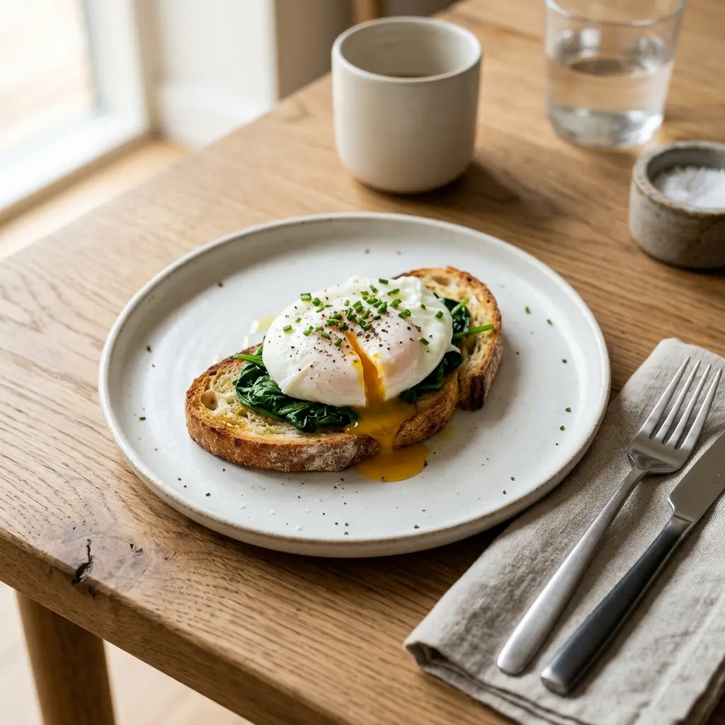 Nylagad pocherat ägg serverad på ett aptitligt och hemlagat sätt