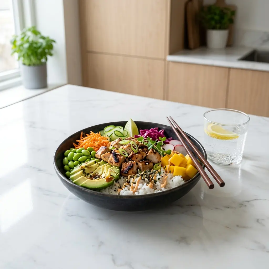 Nylagad poké bowl med kyckling serverad på ett aptitligt och hemlagat sätt