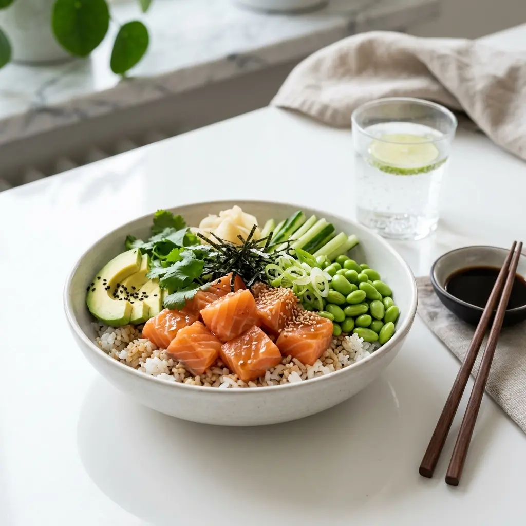 Nylagad poké bowl med lax serverad på ett aptitligt och hemlagat sätt