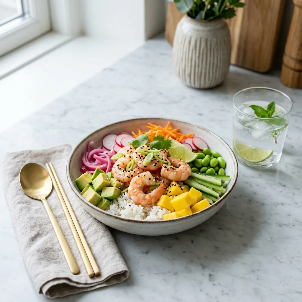 Nylagad poké bowl med räkor serverad på ett aptitligt och hemlagat sätt