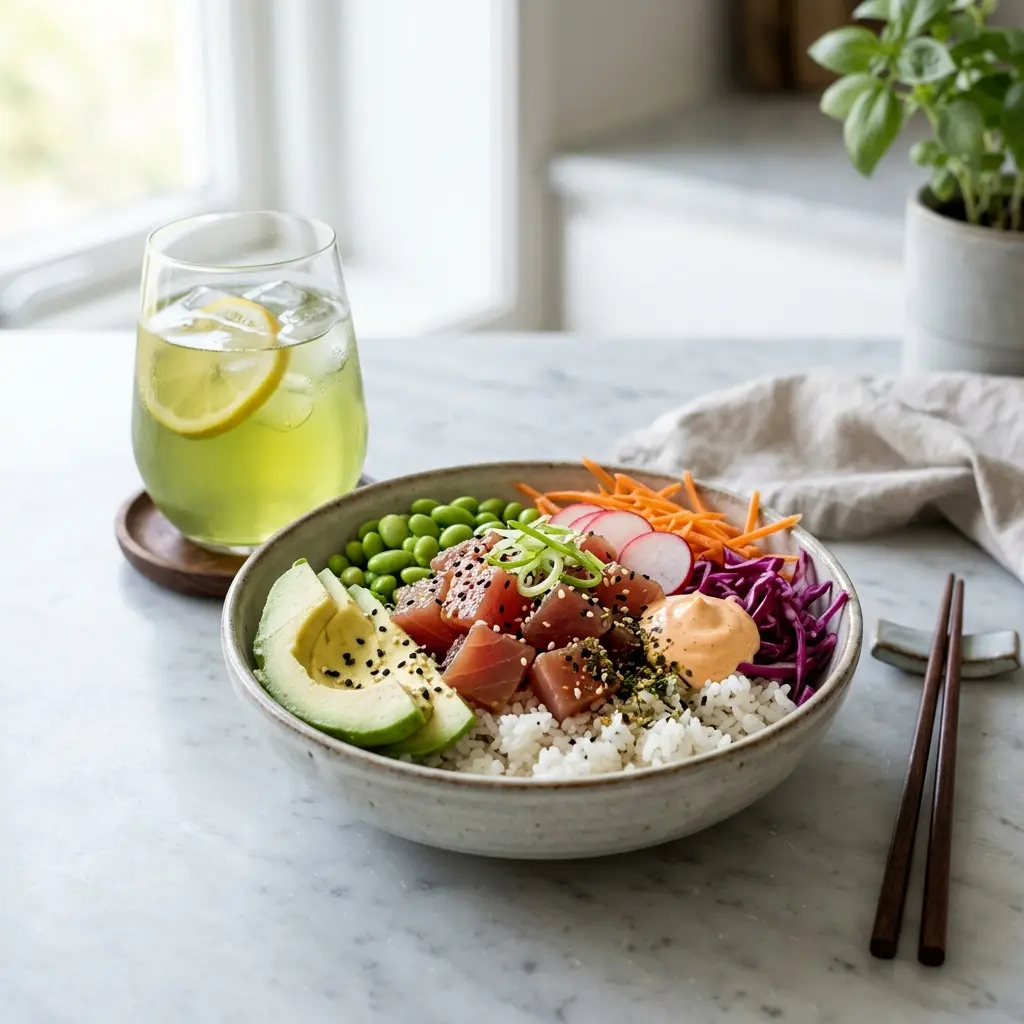 Nylagad poké bowl med tonfisk serverad på ett aptitligt och hemlagat sätt
