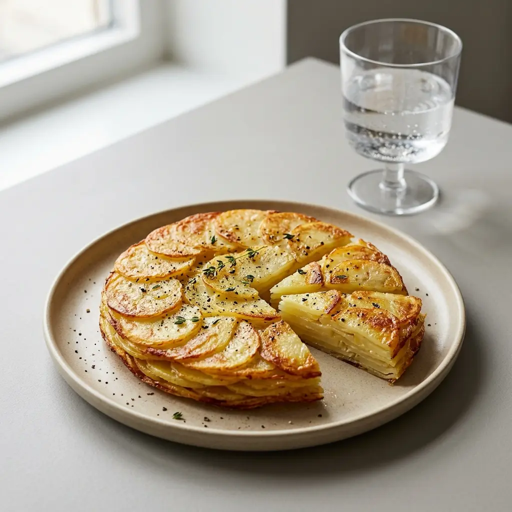 Nylagad pommes Anna serverad på ett aptitligt och hemlagat sätt