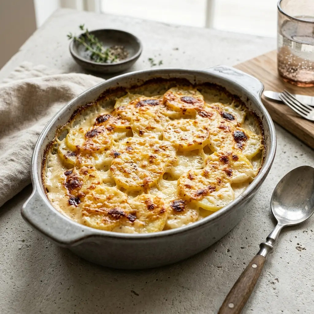 Nylagad pommes Dauphinoise serverad på ett aptitligt och hemlagat sätt