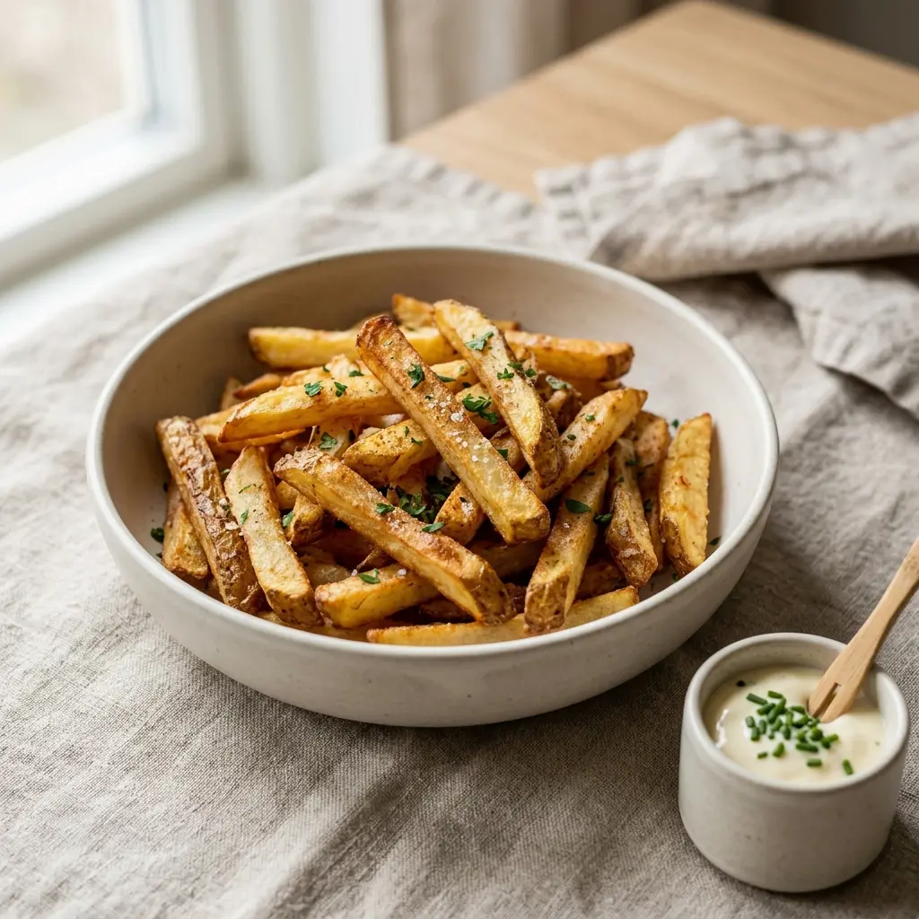 Ett glas pommes frites serverat kallt och fräscht med enkel garnering