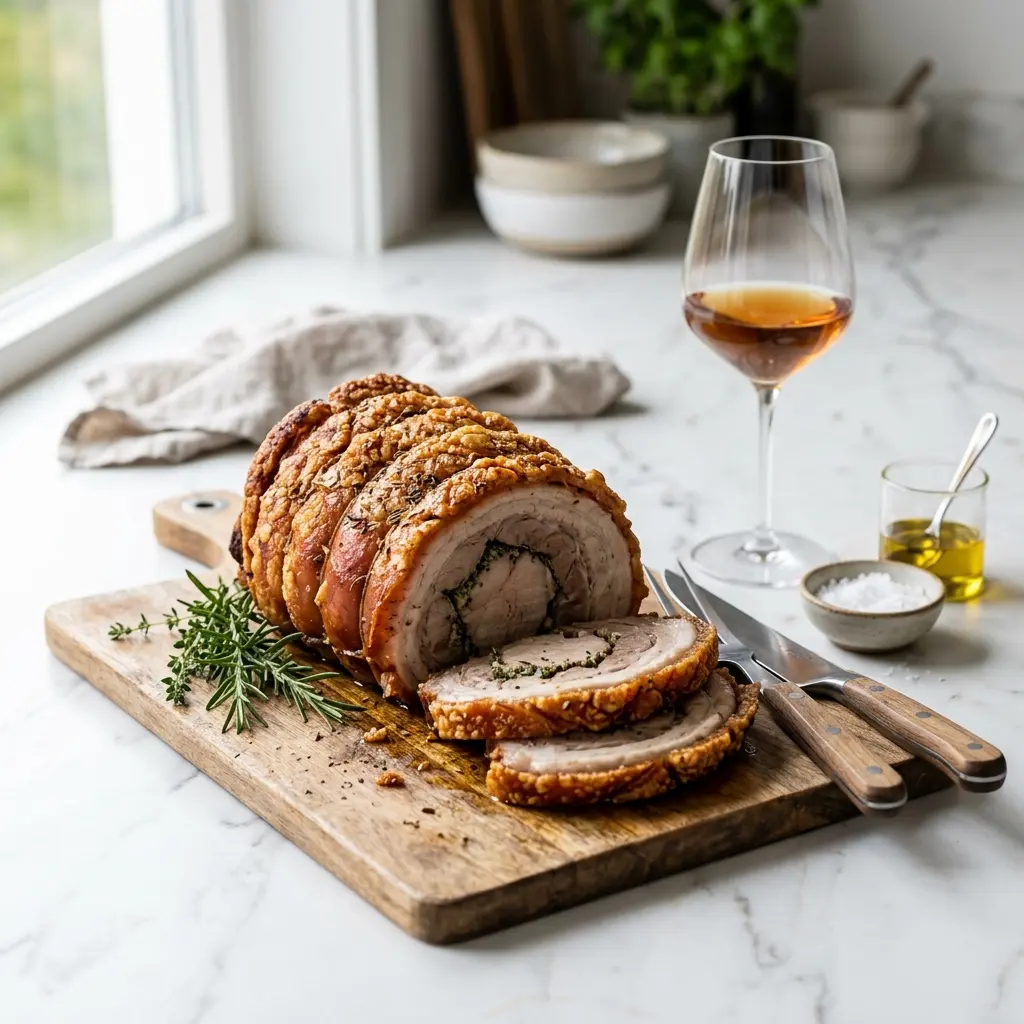 Nylagad porchetta i ugn serverad på ett aptitligt och hemlagat sätt