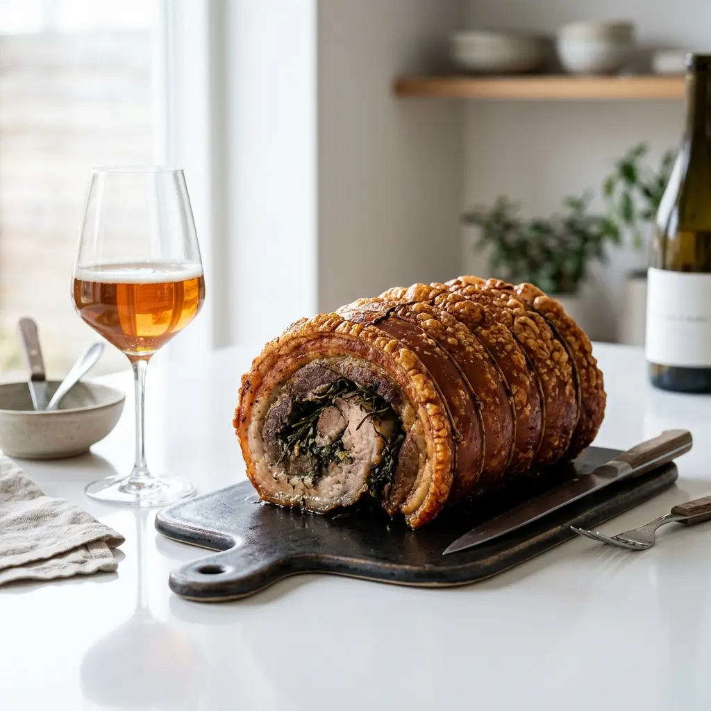 Nylagad porchetta på grillen serverad på ett aptitligt och hemlagat sätt