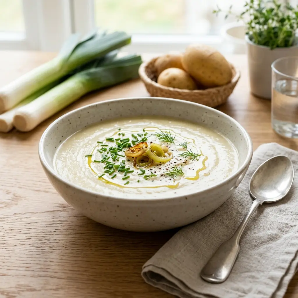 En varm skål potatis- och purjolökssoppa serverad med ett inbjudande och hemlagat uttryck