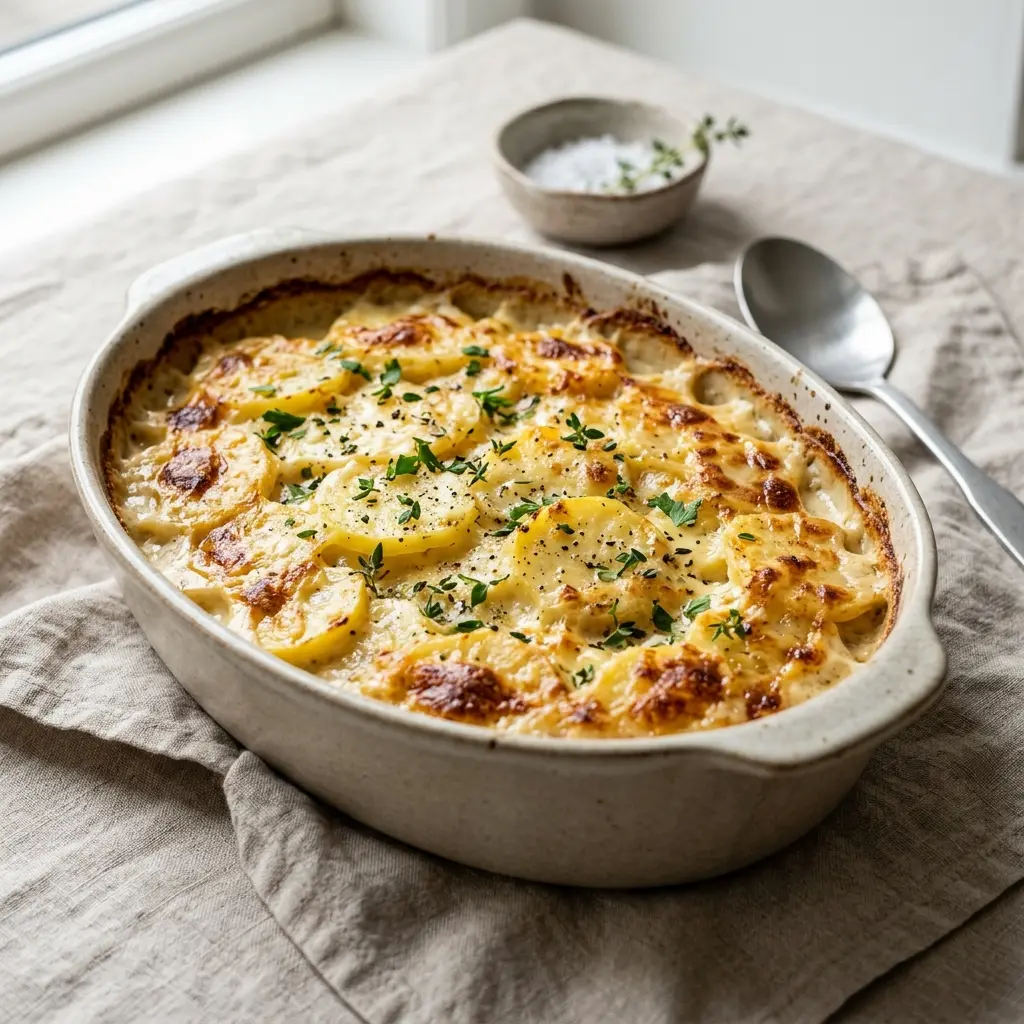Nylagad potatisgratäng med vitlök serverad på ett aptitligt och hemlagat sätt