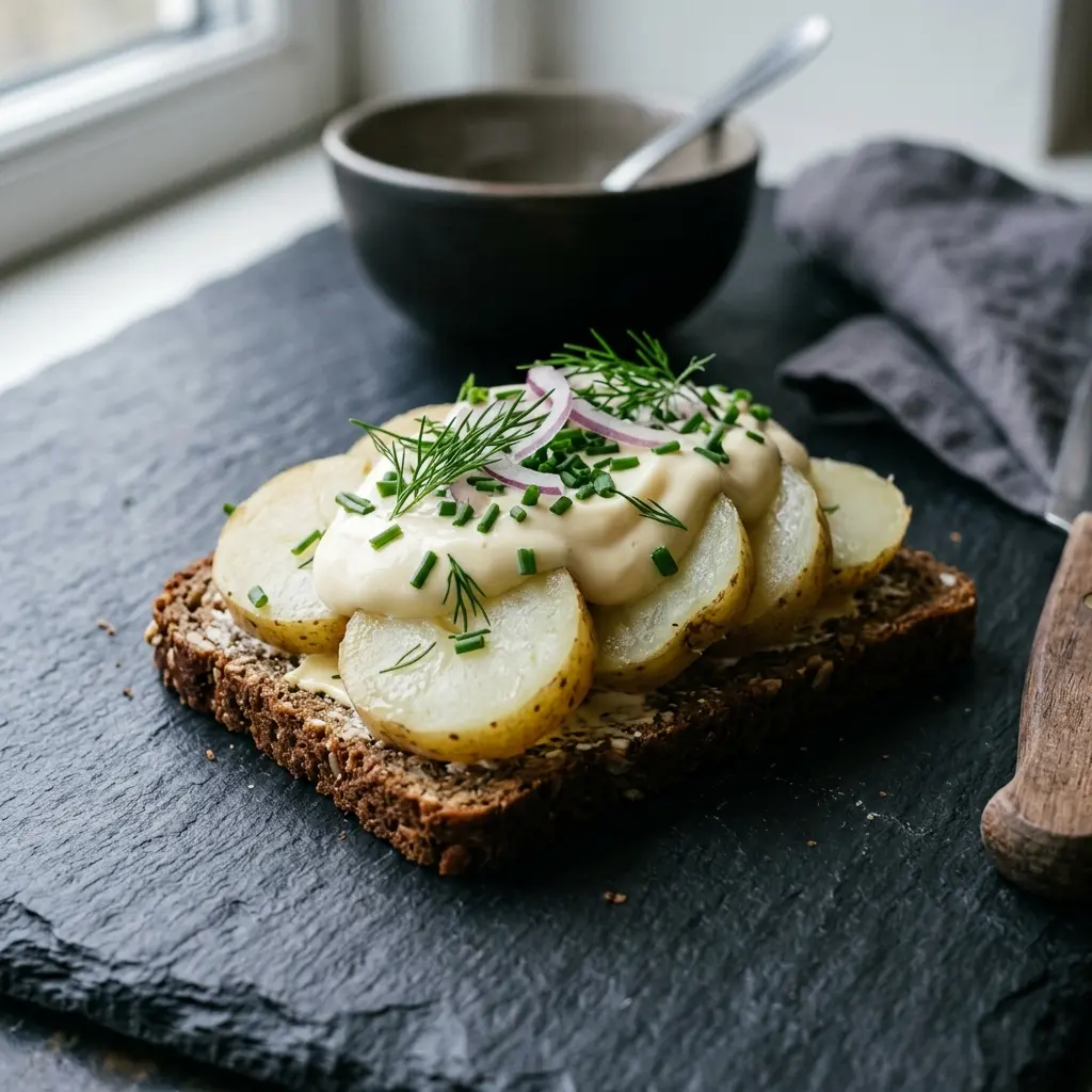 En skål med potatismacka med majonnäs klar att servera som smakrikt tillbehör
