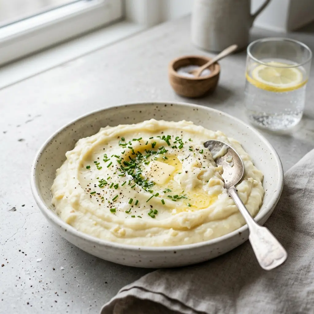 Nylagad potatismos med vitlök serverad på ett aptitligt och hemlagat sätt