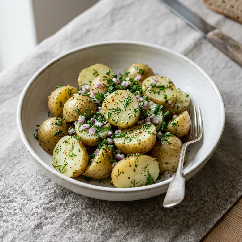 En fräsch portion potatissallad med vinägrett med färska råvaror och fin servering