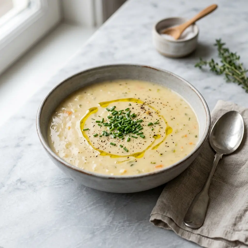 En varm skål potatissoppa serverad med ett inbjudande och hemlagat uttryck