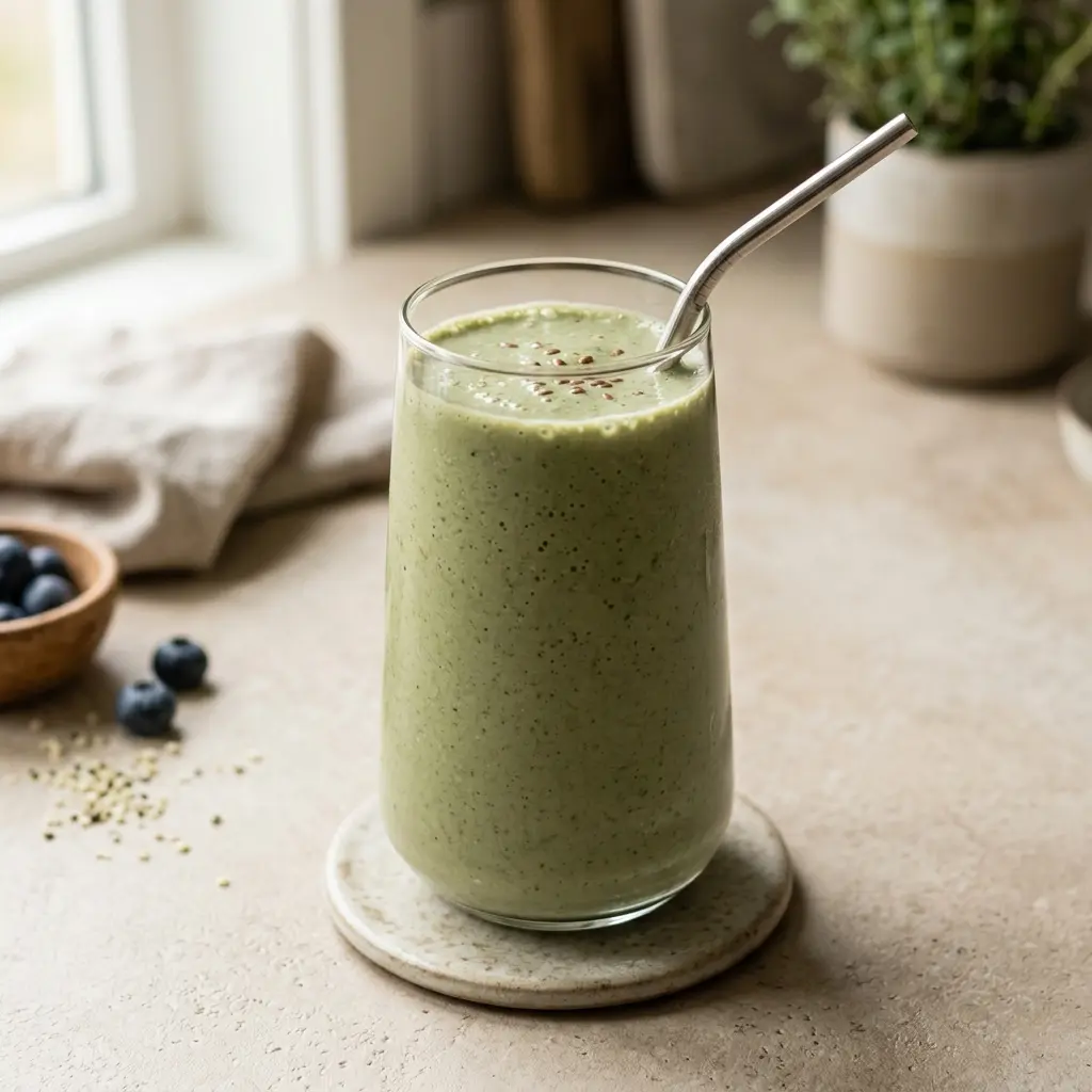 Ett glas proteinsmoothie serverat kallt och fräscht med enkel garnering