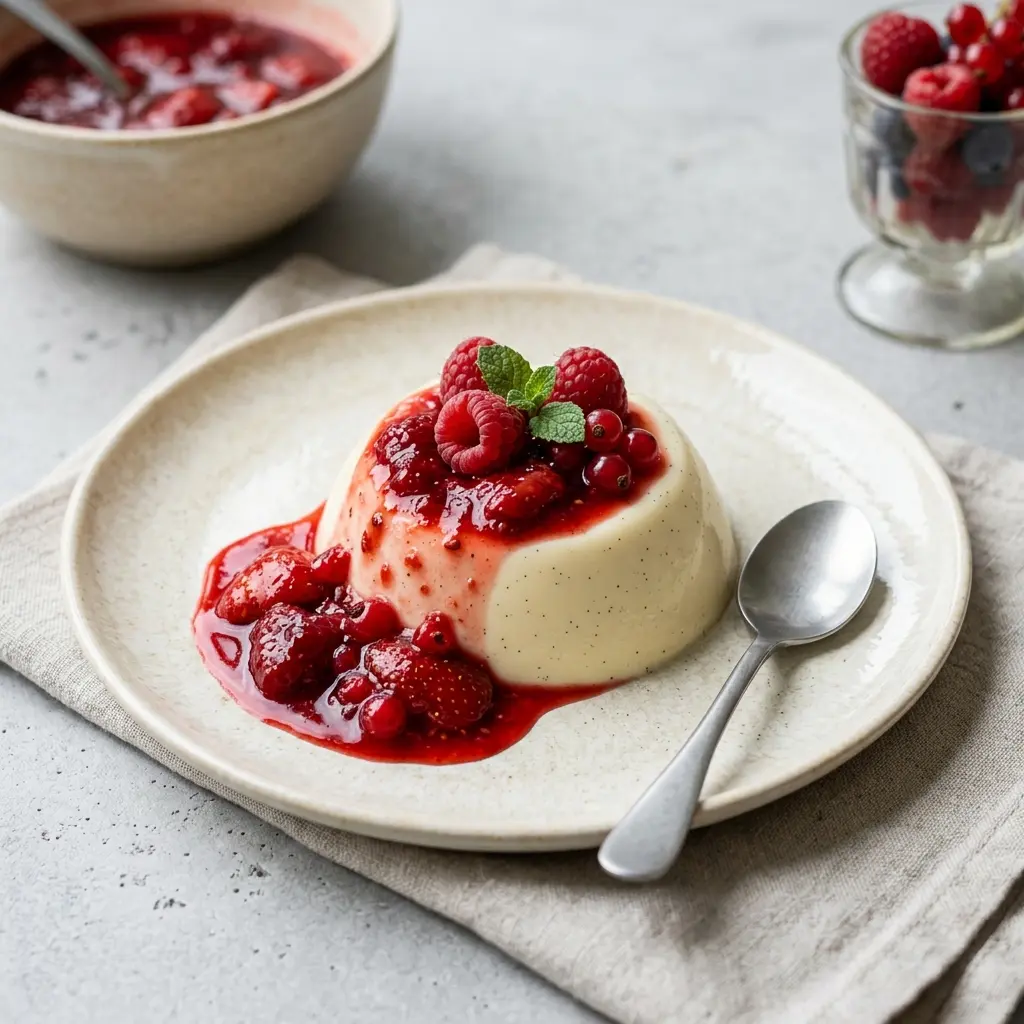 En skål med pudding med fruktsås klar att servera som smakrikt tillbehör