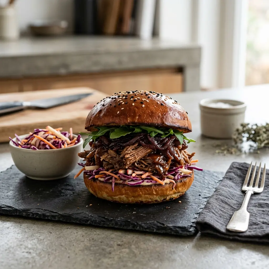 Nylagad pulled duck-burgare serverad på ett aptitligt och hemlagat sätt