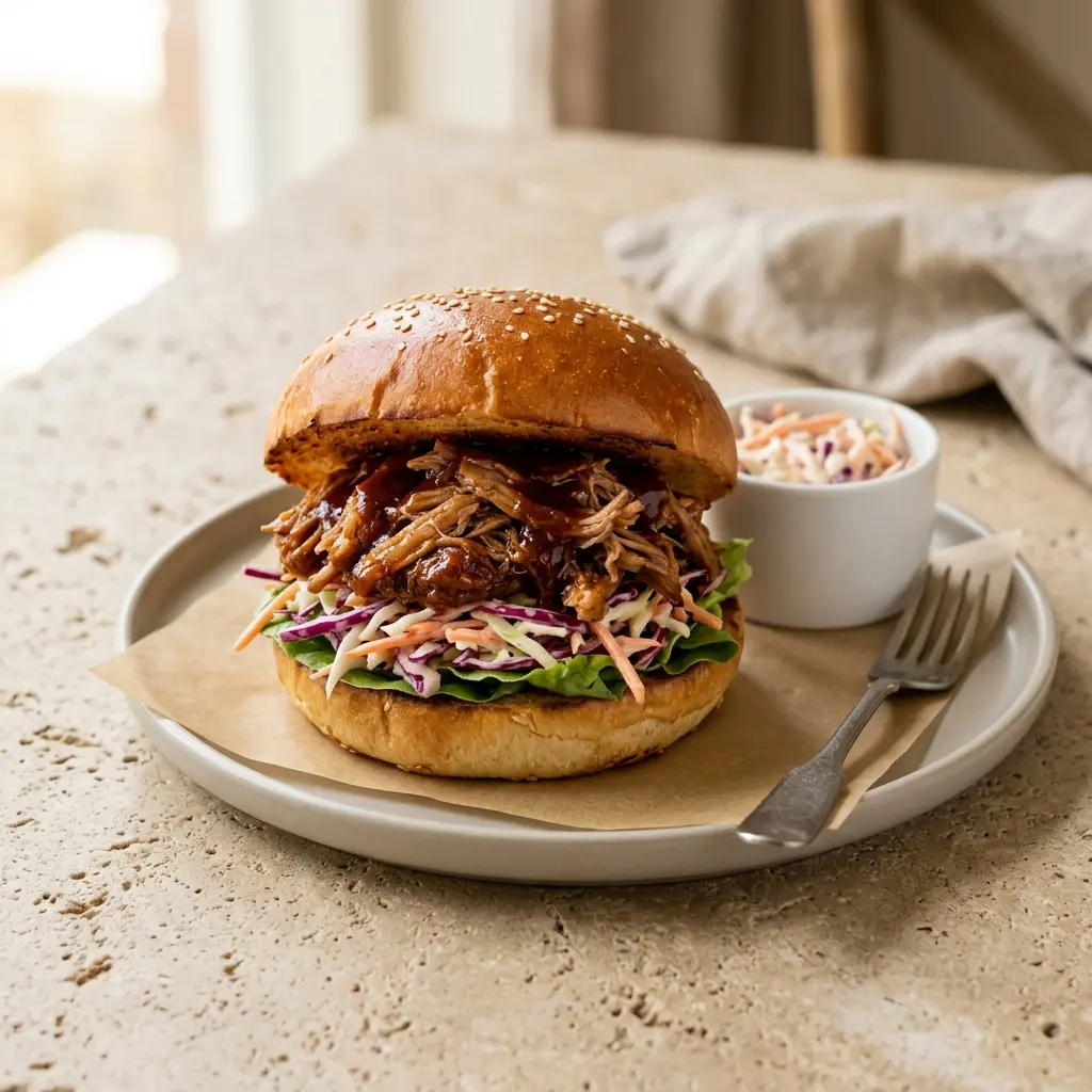 Nylagad pulled pork-burgare serverad på ett aptitligt och hemlagat sätt