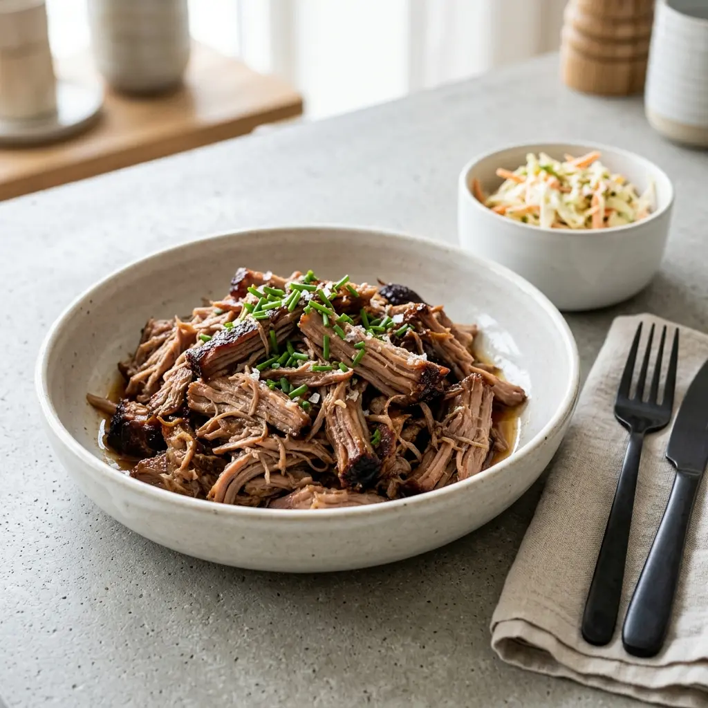 Nylagad pulled pork i ugn serverad på ett aptitligt och hemlagat sätt