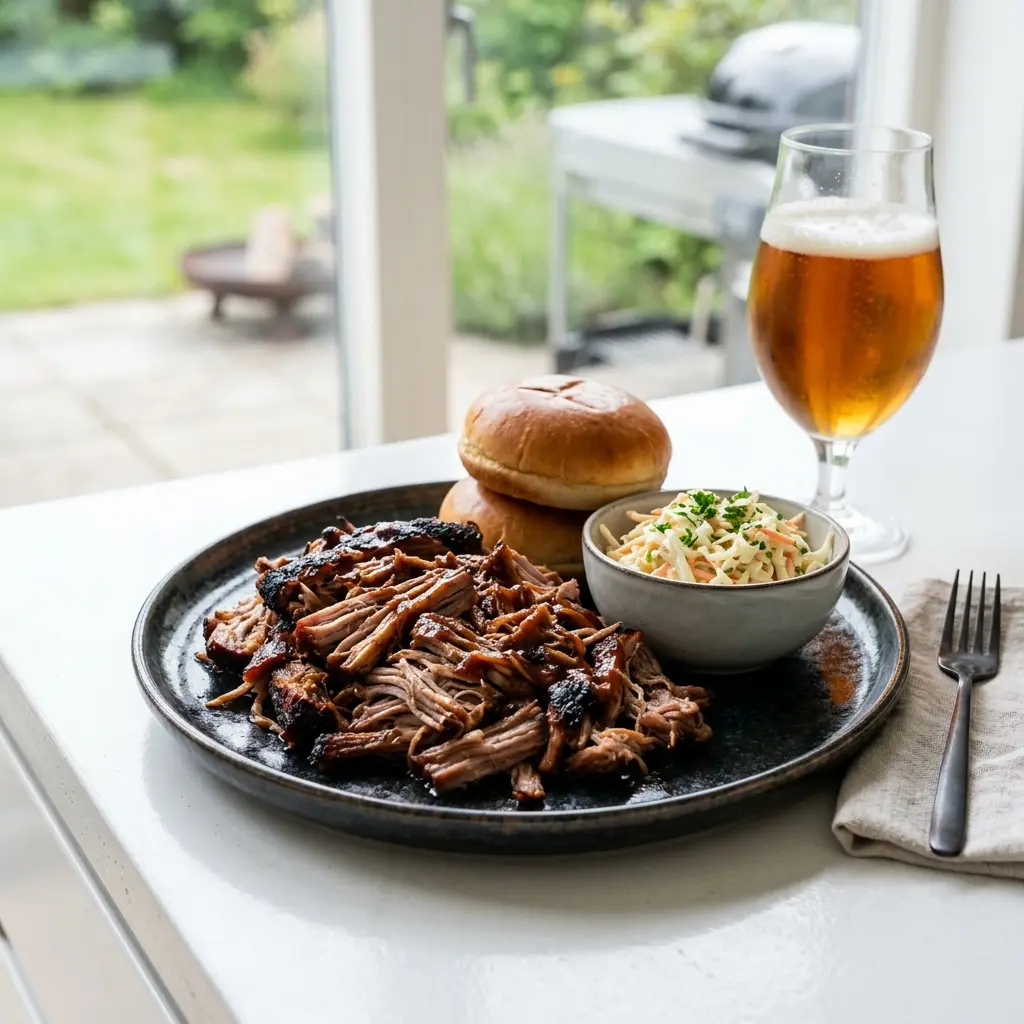 Nylagad pulled pork på grillen serverad på ett aptitligt och hemlagat sätt