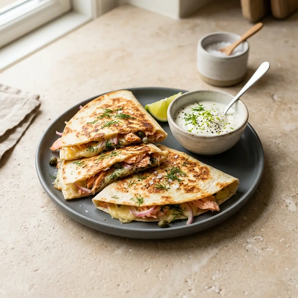 Nylagad quesadillas med lax serverad på ett aptitligt och hemlagat sätt