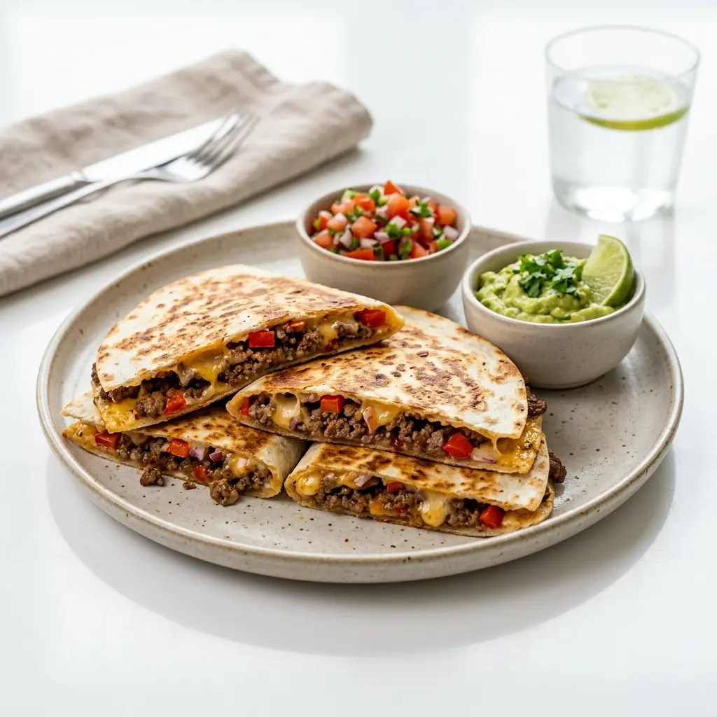 Nylagad quesadillas med nötkött serverad på ett aptitligt och hemlagat sätt
