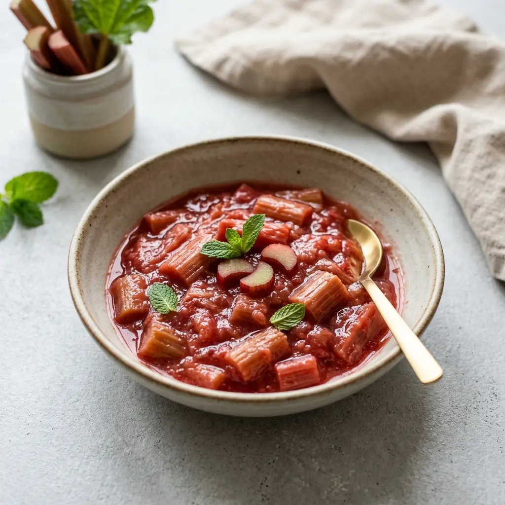 En skål med rabarberkompott klar att servera som smakrikt tillbehör